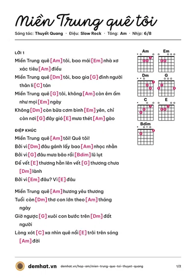 Hợp âm Miền Trung quê tôi (Thuyết Quang) – bản nhạc PDF trang 1, tông Am