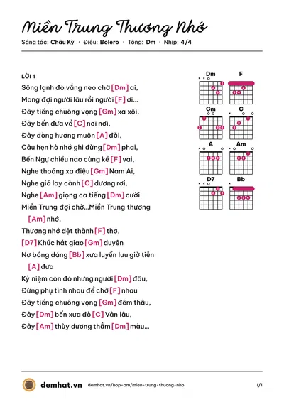Hợp âm Miền Trung Thương Nhớ (Như Quỳnh) – bản nhạc PDF trang 1, tông Dm