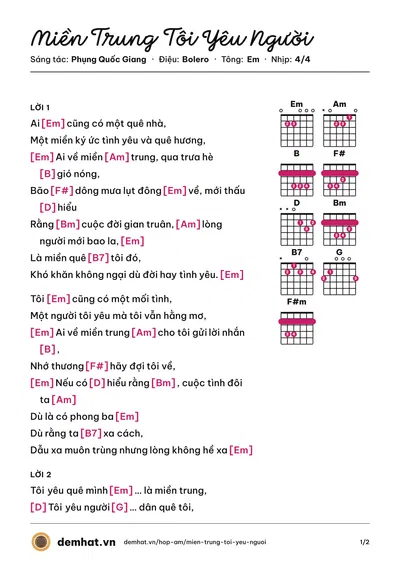 Hợp âm Miền Trung Tôi Yêu Người (Thúy Hà) – bản nhạc PDF trang 1, tông Em