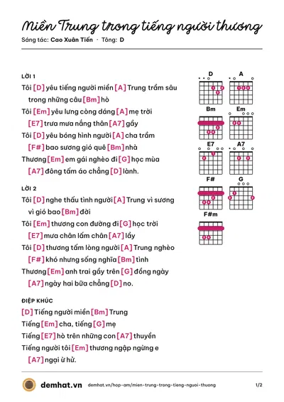 Hợp âm Miền Trung trong tiếng người thương (Mai Tiến Đạt) – bản nhạc PDF trang 1, tông D