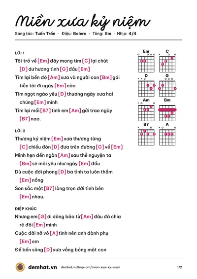 Hợp âm Miền xưa kỷ niệm (Quốc Bảo) – bản nhạc PDF trang 1, tông Em