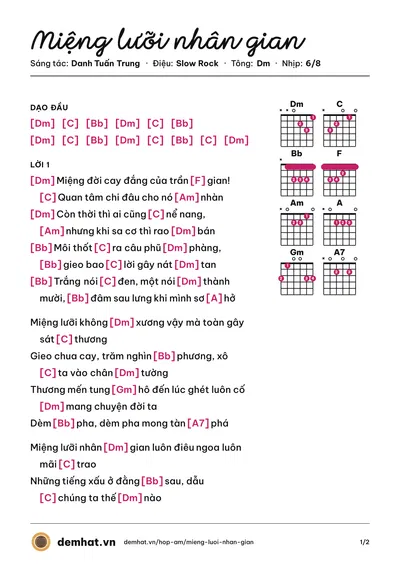 Hợp âm Miệng lưỡi nhân gian (Danh Tuấn Trung) – bản nhạc PDF trang 1, tông Dm