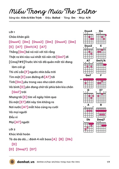 Hợp âm Miếu Trong Mưa The Intro (Kiên) – bản nhạc PDF trang 1, tông Dm