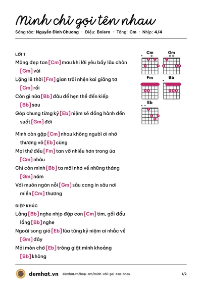 Hợp âm Mình chỉ gọi tên nhau (Nguyễn Đình Chương) – bản nhạc PDF trang 1, tông Cm