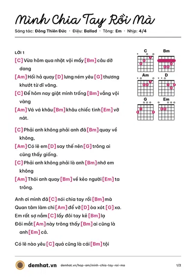 Hợp âm Mình Chia Tay Rồi Mà (Vĩnh Thuyên Kim) – bản nhạc PDF trang 1, tông Em