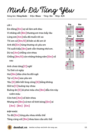 Hợp âm Mình Đã Từng Yêu (Châu Khải Phong) – bản nhạc PDF trang 1, tông Em