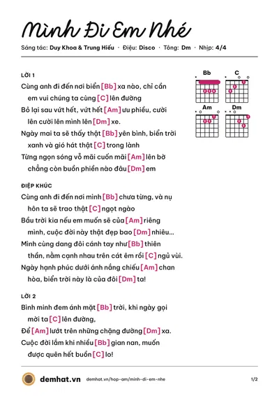 Hợp âm Mình Đi Em Nhé (Duy Khoa) – bản nhạc PDF trang 1, tông Dm