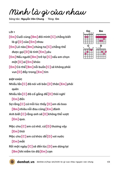 Hợp âm Mình là gì của nhau (Khánh Ngọc) – bản nhạc PDF trang 1, tông Em