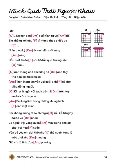 Hợp âm Mình Quá Trái Ngược Nhau (Dương Trần Nghĩa) – bản nhạc PDF trang 1, tông C