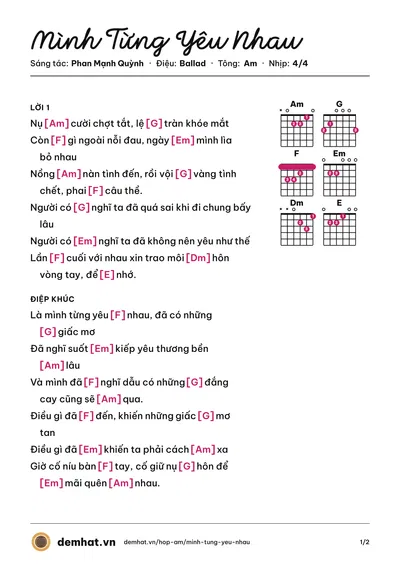 Hợp âm Mình Từng Yêu Nhau (Miu Lê) – bản nhạc PDF trang 1, tông Am