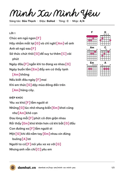 Hợp âm Mình Xa Mình Yêu (Juun Đăng Dũng) – bản nhạc PDF trang 1, tông C