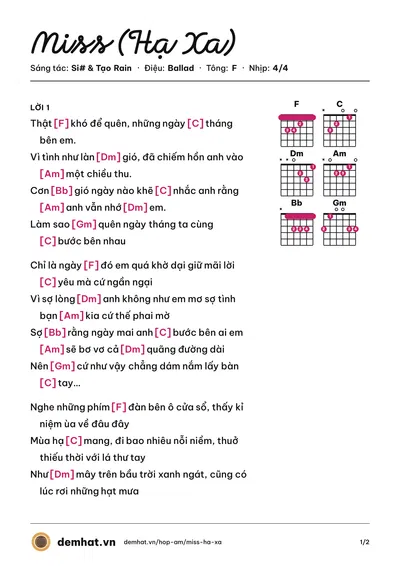 Hợp âm Miss (Hạ Xa) (Si#) – bản nhạc PDF trang 1, tông F