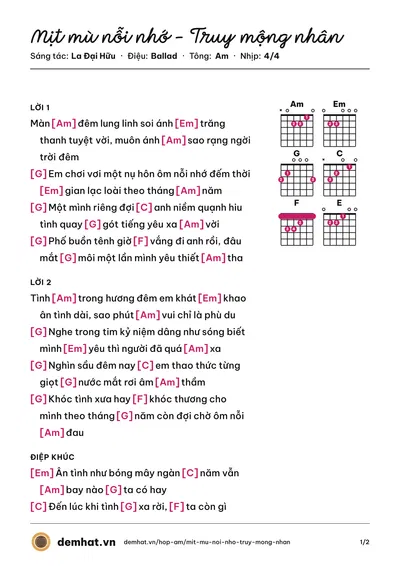 Hợp âm Mịt mù nỗi nhớ – Truy mộng nhân (Phụng Phi Phi) – bản nhạc PDF trang 1, tông Am