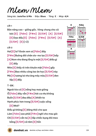 Hợp âm Mlem Mlem (JustaTee) – bản nhạc PDF trang 1, tông E
