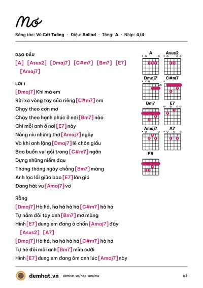 Hợp âm Mơ (Vũ Cát Tường) – bản nhạc PDF trang 1, tông A