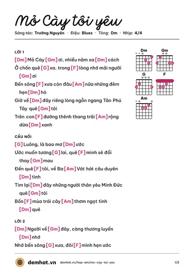 Hợp âm Mỏ Cày tôi yêu (Trường Nguyên) – bản nhạc PDF trang 1, tông Dm
