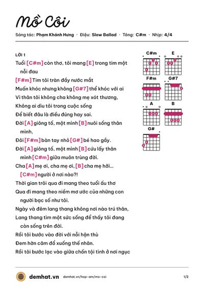 Hợp âm Mồ Côi (Phạm Khánh Hưng) – bản nhạc PDF trang 1, tông C#m