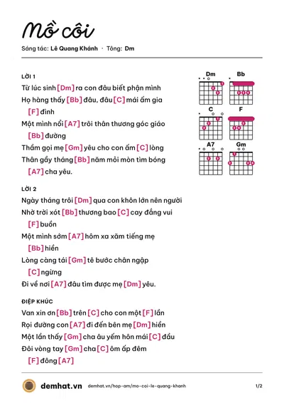 Hợp âm Mồ côi (Lê Quang Khánh) – bản nhạc PDF trang 1, tông Dm