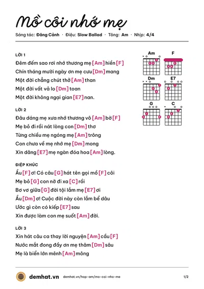 Hợp âm Mồ côi nhớ mẹ (Hồng Quyên) – bản nhạc PDF trang 1, tông Am