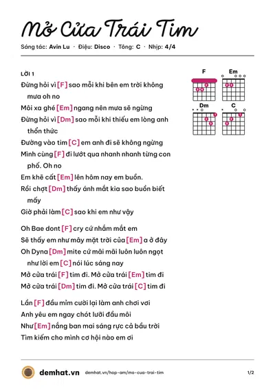 Hợp âm Mở Cửa Trái Tim (Avin Lu) – bản nhạc PDF trang 1, tông C