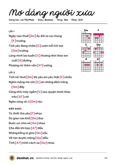 Hợp âm Mơ dáng người xưa (Tâm Thư) – bản nhạc PDF trang 1, tông Dm