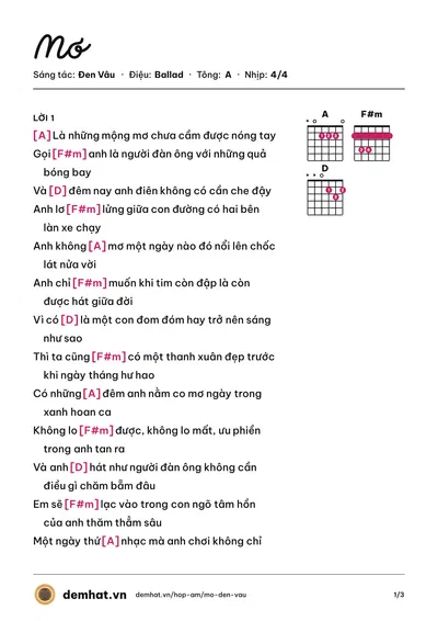 Hợp âm Mơ (Đen Vâu) – bản nhạc PDF trang 1, tông A