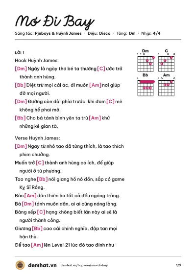 Hợp âm Mơ Đi Bay (Huỳnh James) – bản nhạc PDF trang 1, tông Dm