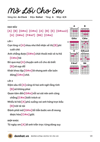 Hợp âm Mở Lối Cho Em (Lương Quý Tuấn) – bản nhạc PDF trang 1, tông A