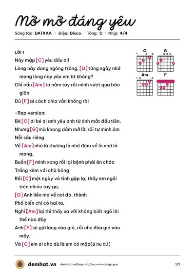 Hợp âm Mỡ mỡ đáng yêu (DATKAA) – bản nhạc PDF trang 1, tông C