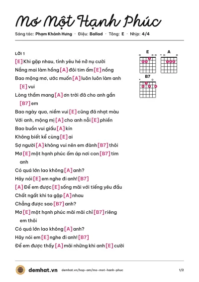 Hợp âm Mơ Một Hạnh Phúc (Hiền Thục) – bản nhạc PDF trang 1, tông E