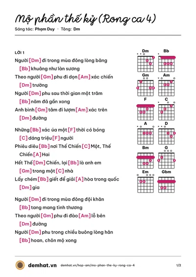 Hợp âm Mộ phần thế kỷ (Rong ca 4) (Phạm Duy) – bản nhạc PDF trang 1, tông Dm