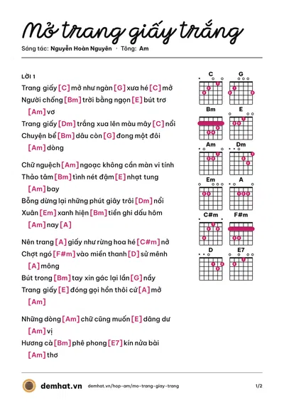 Hợp âm Mở trang giấy trắng (Phương Thùy) – bản nhạc PDF trang 1, tông Am