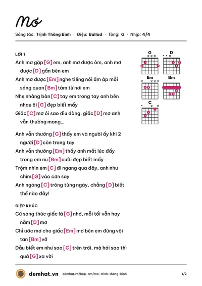 Hợp âm Mơ (Trịnh Thăng Bình) – bản nhạc PDF trang 1, tông G