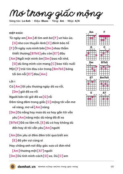 Hợp âm Mơ trong giấc mộng (Quách Tuấn Du) – bản nhạc PDF trang 1, tông Am