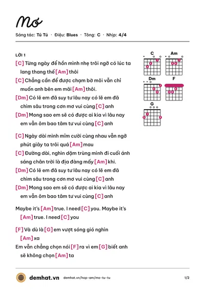 Hợp âm Mơ (Tú Tú) – bản nhạc PDF trang 1, tông C