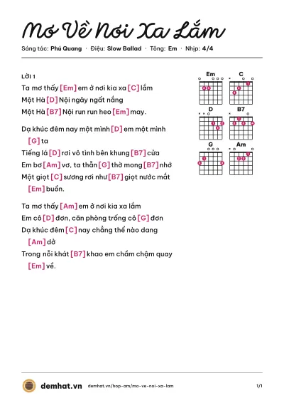 Hợp âm Mơ Về Nơi Xa Lắm (Đàm Vĩnh Hưng) – bản nhạc PDF trang 1, tông Em