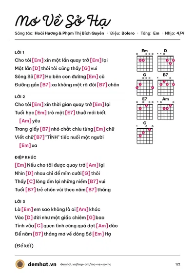 Hợp âm Mơ Về Sở Hạ (Lê Anh Tuấn) – bản nhạc PDF trang 1, tông Em