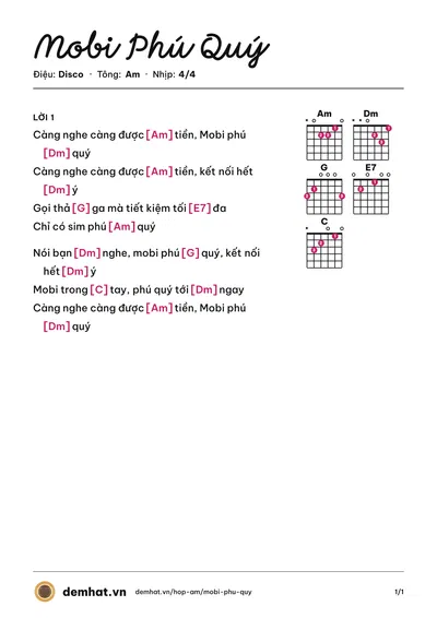 Hợp âm Mobi Phú Quý (VMusic) – bản nhạc PDF trang 1, tông Am