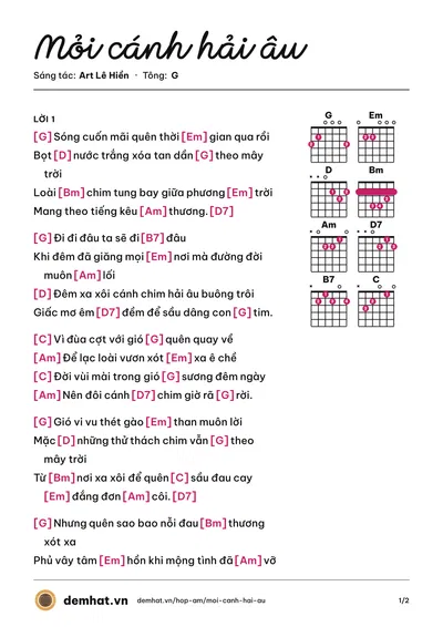 Hợp âm Mỏi cánh hải âu (Hương Giang) – bản nhạc PDF trang 1, tông G