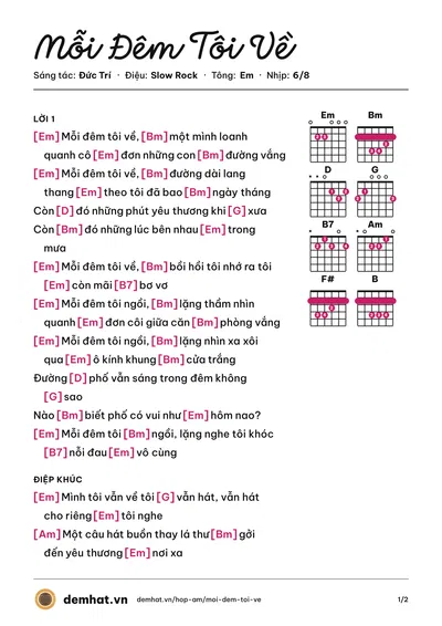 Hợp âm Mỗi Đêm Tôi Về (Quốc Thiên) – bản nhạc PDF trang 1, tông Em