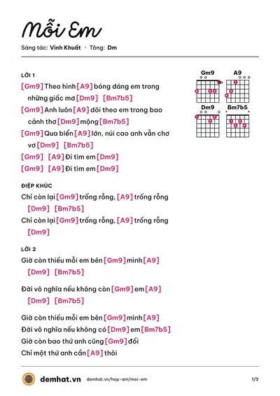 Hợp âm Mỗi Em (Vinh Khuất) – bản nhạc PDF trang 1, tông Dm