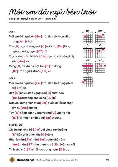 Hợp âm Môi em đã ngủ bên trời (Mạnh Tuấn) – bản nhạc PDF trang 1, tông Em