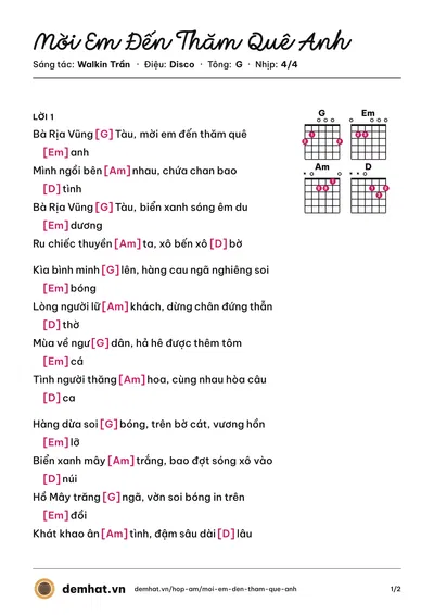 Hợp âm Mời Em Đến Thăm Quê Anh (Walkin Trần) – bản nhạc PDF trang 1, tông G