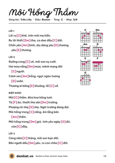 Hợp âm Môi Hồng Thắm (Anh Kim) – bản nhạc PDF trang 1, tông C