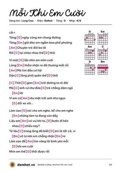 Hợp âm Mỗi Khi Em Cười (Long Cao) – bản nhạc PDF trang 1, tông G