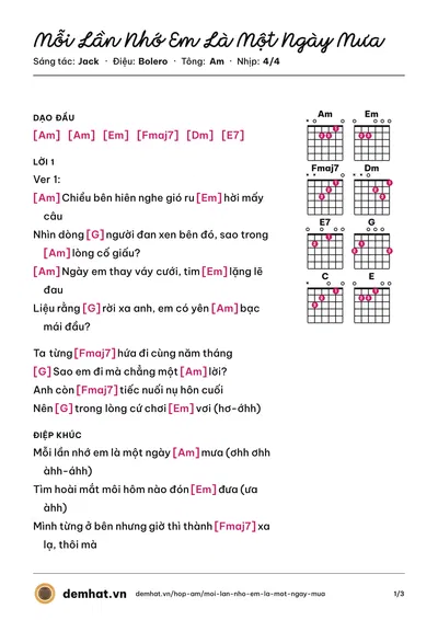 Hợp âm Mỗi Lần Nhớ Em Là Một Ngày Mưa (Jack) – bản nhạc PDF trang 1, tông Am