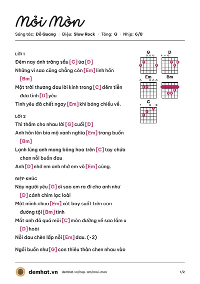 Hợp âm Mỏi Mòn (Triệu Hoàng) – bản nhạc PDF trang 1, tông G