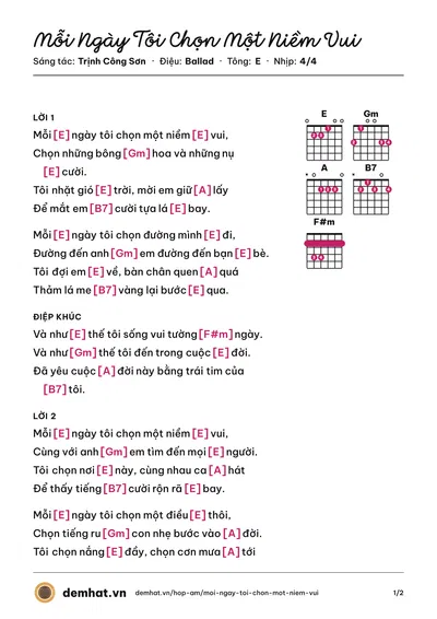 Hợp âm Mỗi Ngày Tôi Chọn Một Niềm Vui (Hồng Nhung) – bản nhạc PDF trang 1, tông E