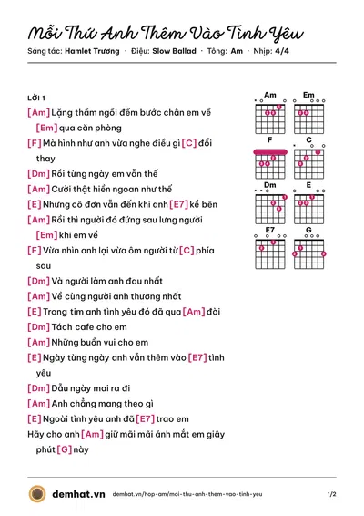 Hợp âm Mỗi Thứ Anh Thêm Vào Tình Yêu (Hamlet Trương) – bản nhạc PDF trang 1, tông Am