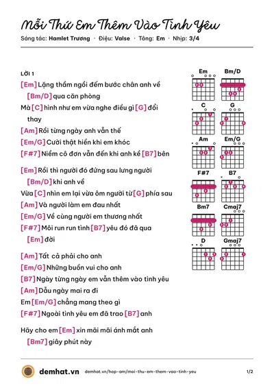 Hợp âm Mỗi Thứ Em Thêm Vào Tình Yêu (Phạm Quỳnh Anh) – bản nhạc PDF trang 1, tông Em